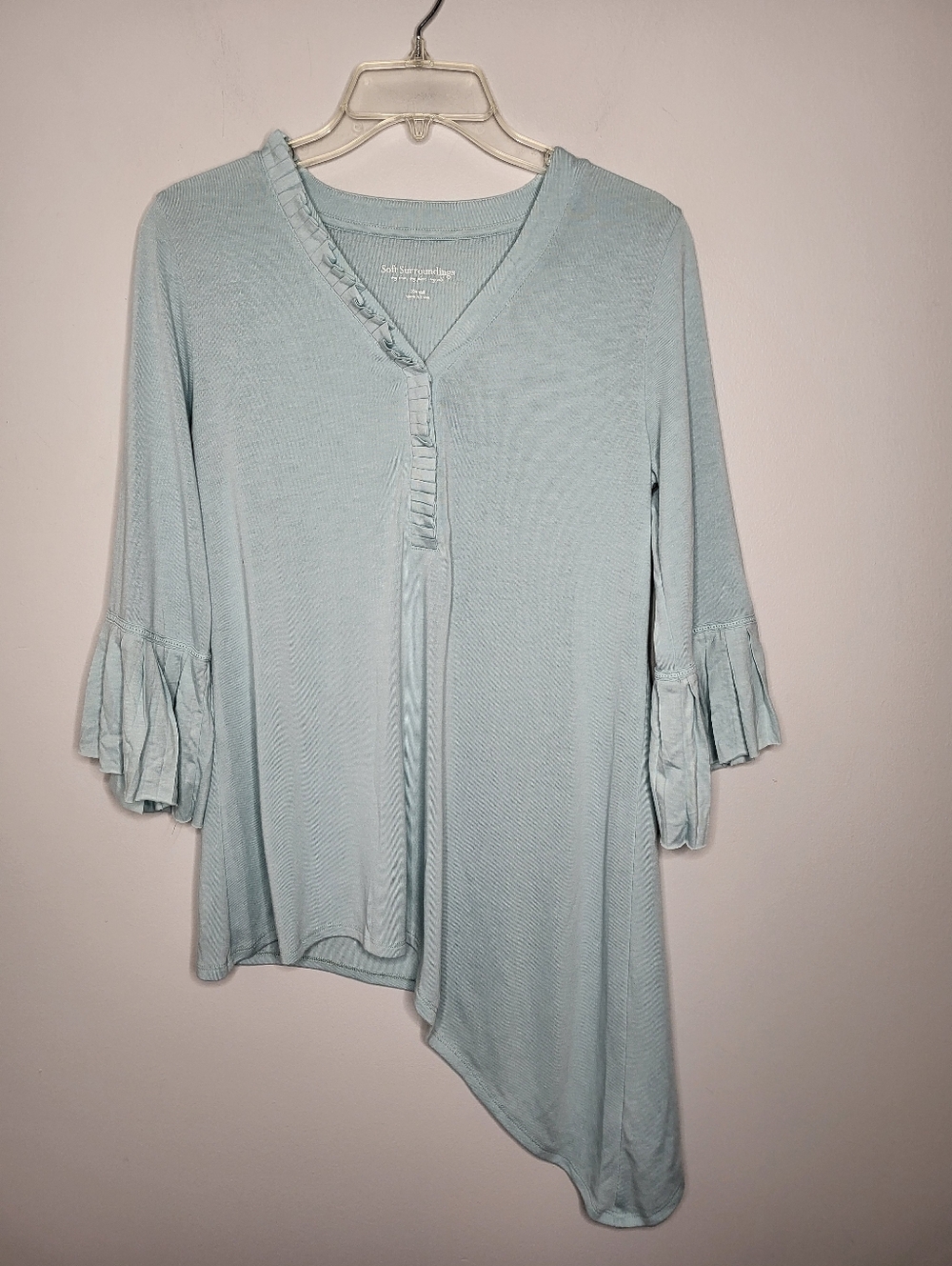 Soft Surroundings Oleander Top XS Teal Dust Romantic Boho Asymmetrical Hem